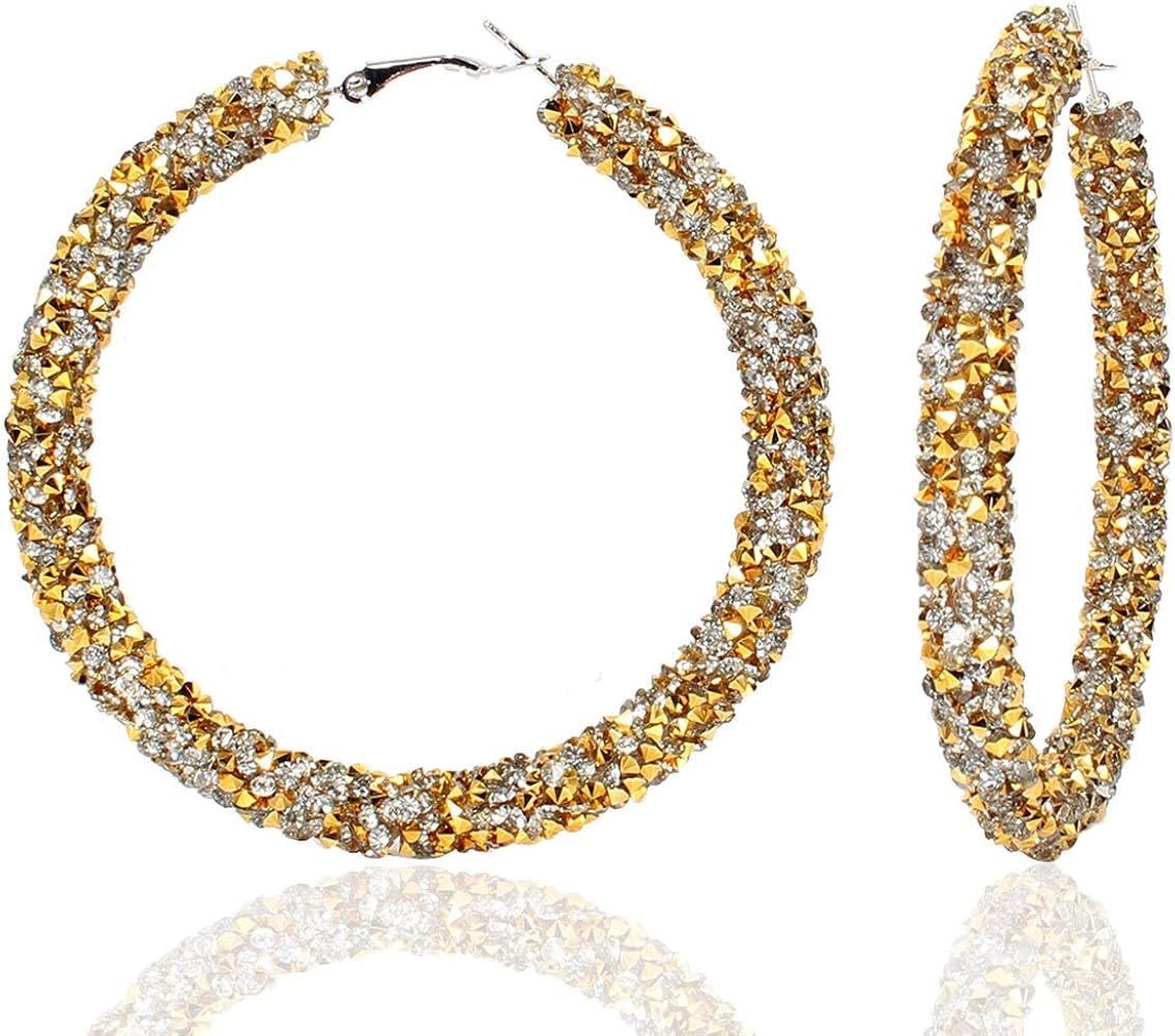 Bohemian Shiny Glitter Sequins Hoop Earrings Wrapped Gold Plated Circle Statement Rhinestone Dang... | Amazon (US)