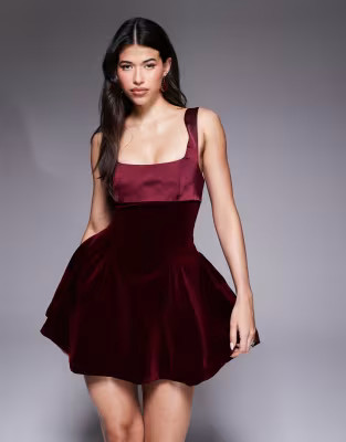 Murci satin contrast square neck bow tie back velvet mini dress in burgundy | ASOS (Global)