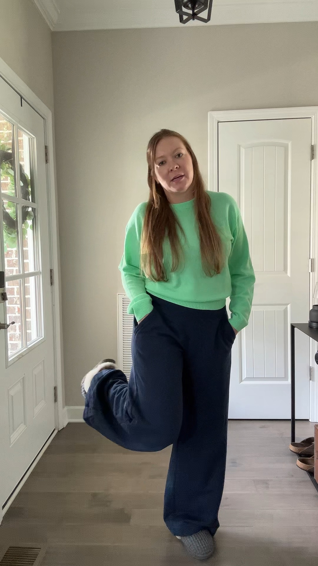 Green cashmere sweater / tts wearing a medium 
Wide leg sweatpants / tts wearing a medium 
Ugg fuzzy slippers 

#LTKdayinmylife #LTKActive #LTKootd