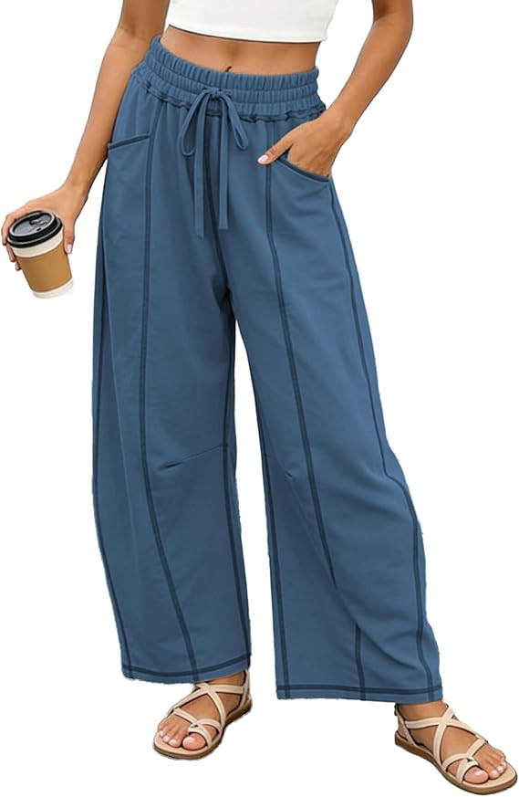 Womens Wide Leg Baggy Barrel Lounge Pants Drawstring Elastic Waist with Pockets Travel and Airpor... | Amazon (US)