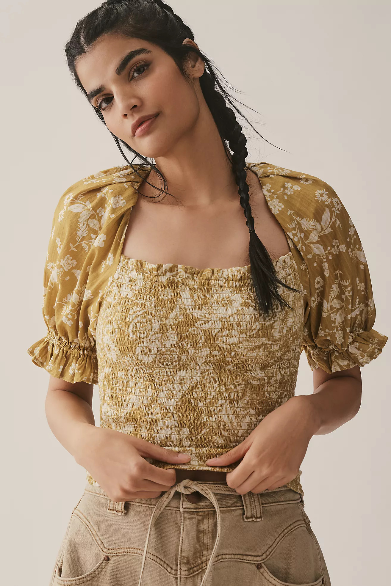 By Anthropologie Seersucker Smocked Puff-Sleeve Crop Top | Anthropologie (US)