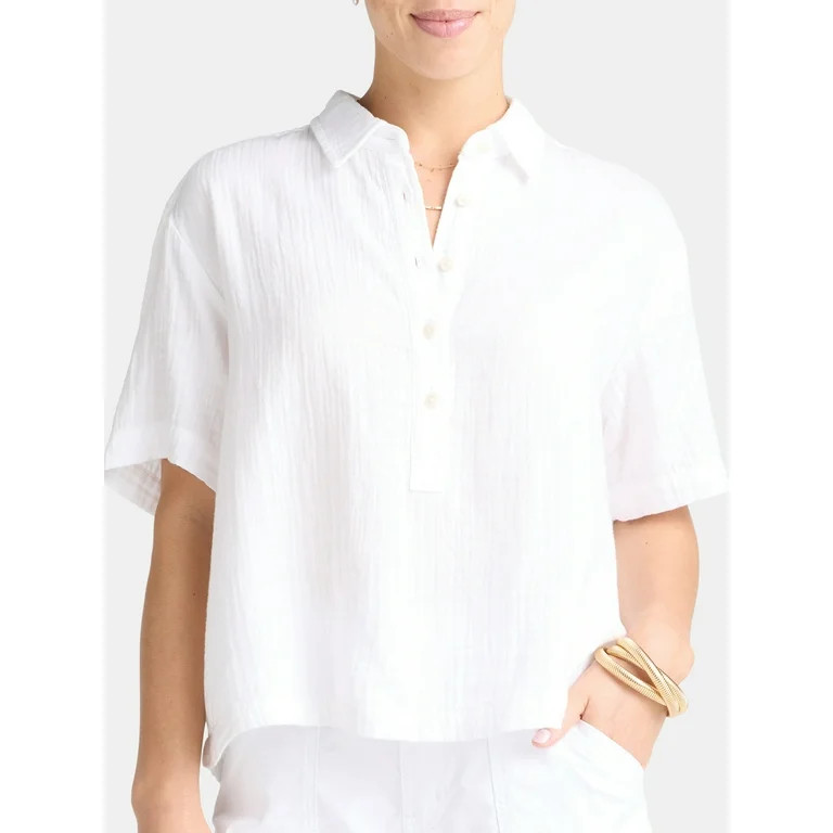 Time and Tru Women's Cotton Double Cloth Cropped Shirt, Size XS-XXXL | Walmart (US)