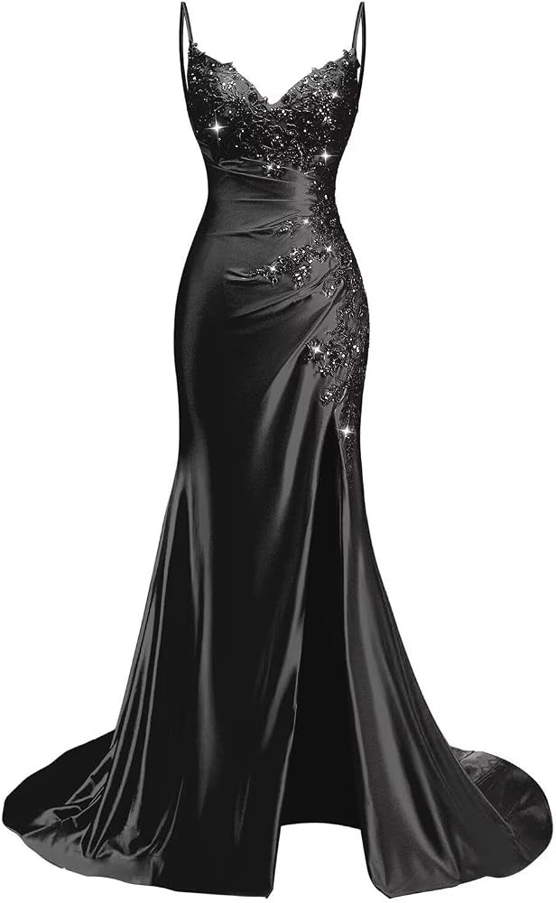 Lace Applique Satin Prom Dresses for Women 2026 Mermaid V Neck Ruched Spaghetti Strap Formal Even... | Amazon (US)