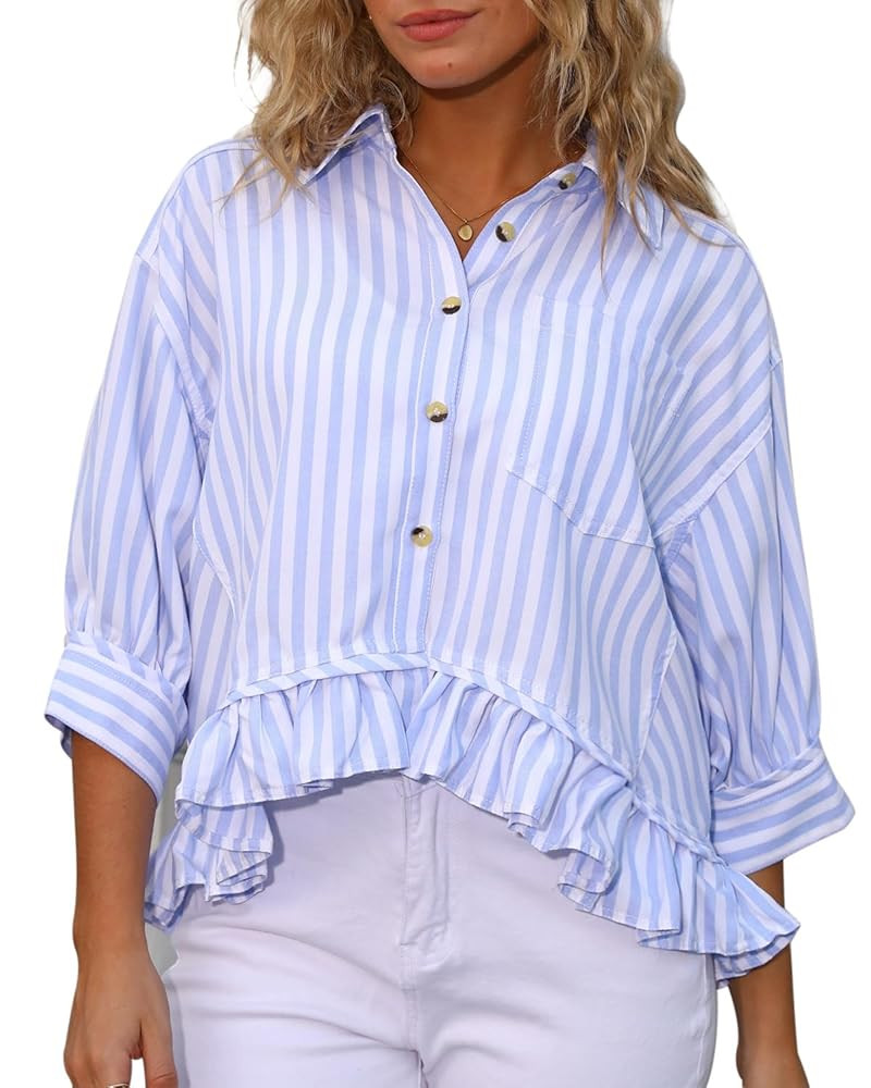 CHYRII Womens Summer Tops Dressy Casual Blouse Top Ruffled Short Sleeve Button Down Striped Shirt | Amazon (US)