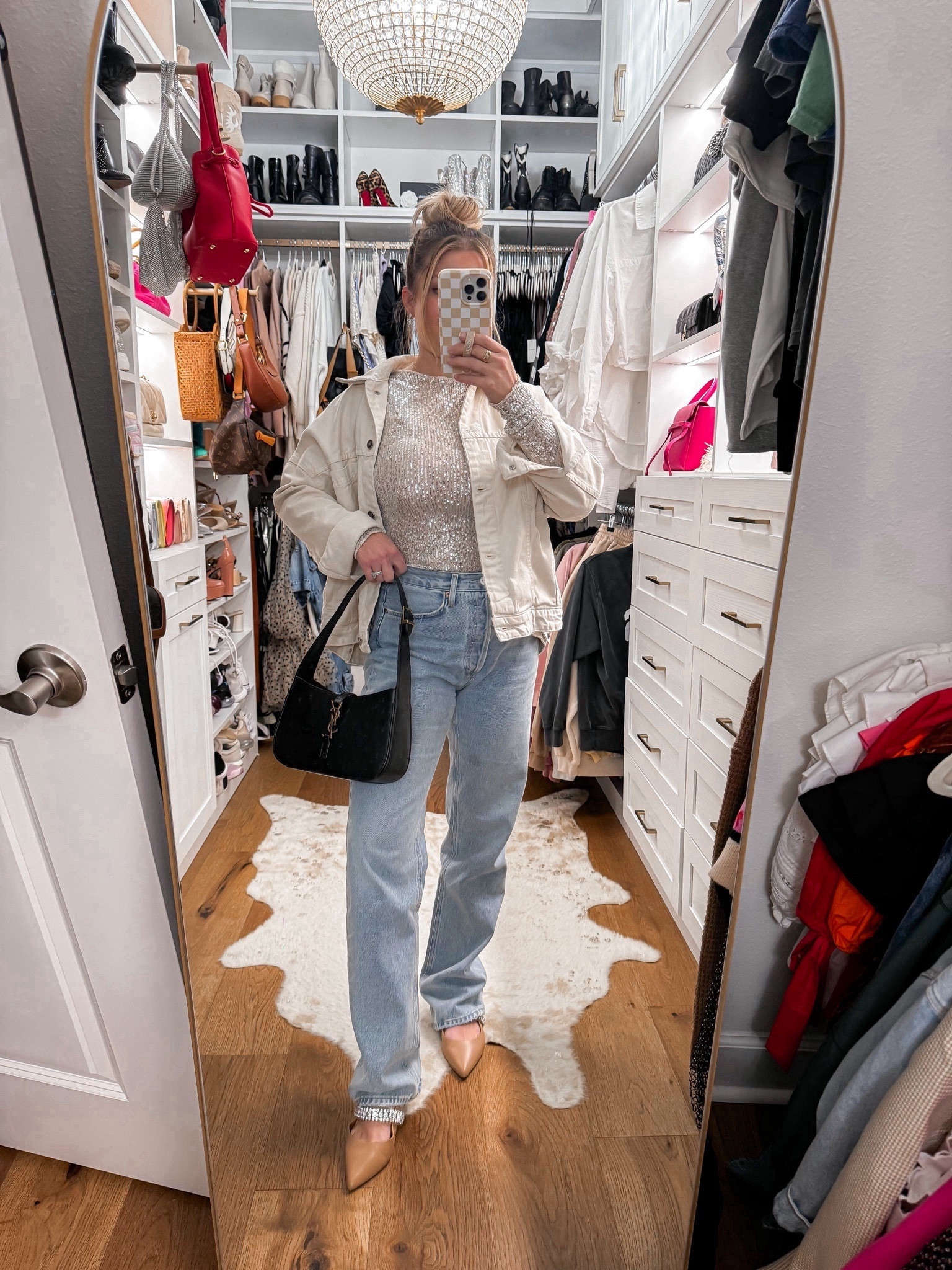 Westing an xs jacket, small top (color is silver combo), 26 jeans (runs tts), 6 flats (tts) 

#holiday #sequins #christianblairvordy #casualholiday #partyattire 

#LTKHoliday #LTKfindsunder100 #LTKparties