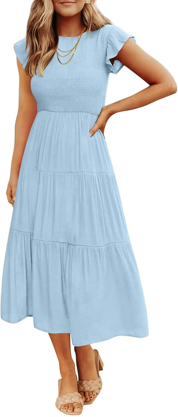 ZESICA Women's 2025 Summer Casual Flutter Short Sleeve Crew Neck Smocked Elastic Waist Tiered Mid... | Amazon (US)