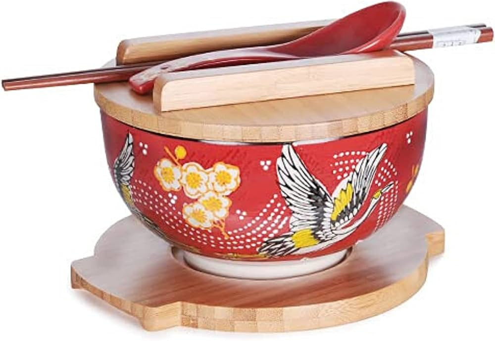 Needzo Ceramic Japanese Soup Noodle Bowl with Spoon, Chop Sticks, Bamboo Lid and Trivet, Large Ri... | Amazon (US)