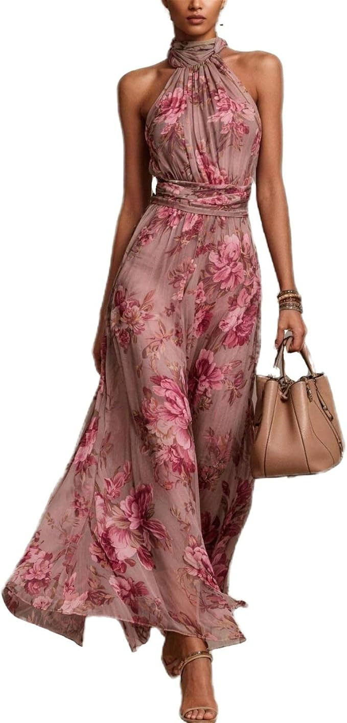 Women's Floral Maxi Dress Fall Elegant Sheer Mesh Bell Sleeve Tiered Ruffle Dresses Vintage Slim ... | Amazon (US)
