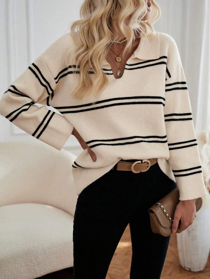 SHEIN Essnce Striped Pattern Drop Shoulder Sweater | SHEIN