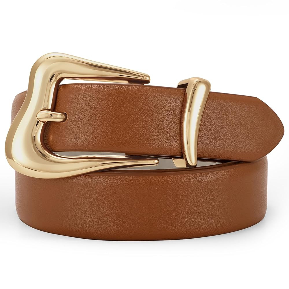 Women Leather Belt with Gold Buckle Fashion Ladies Leather Waist Belt for Jeans Pants | Amazon (US)