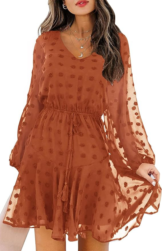 KIRUNDO Womens Fall Dresses 2023 Fashion Casual Long Lantern Sleeve V Neck Cute Swiss Dot Mini We... | Amazon (US)