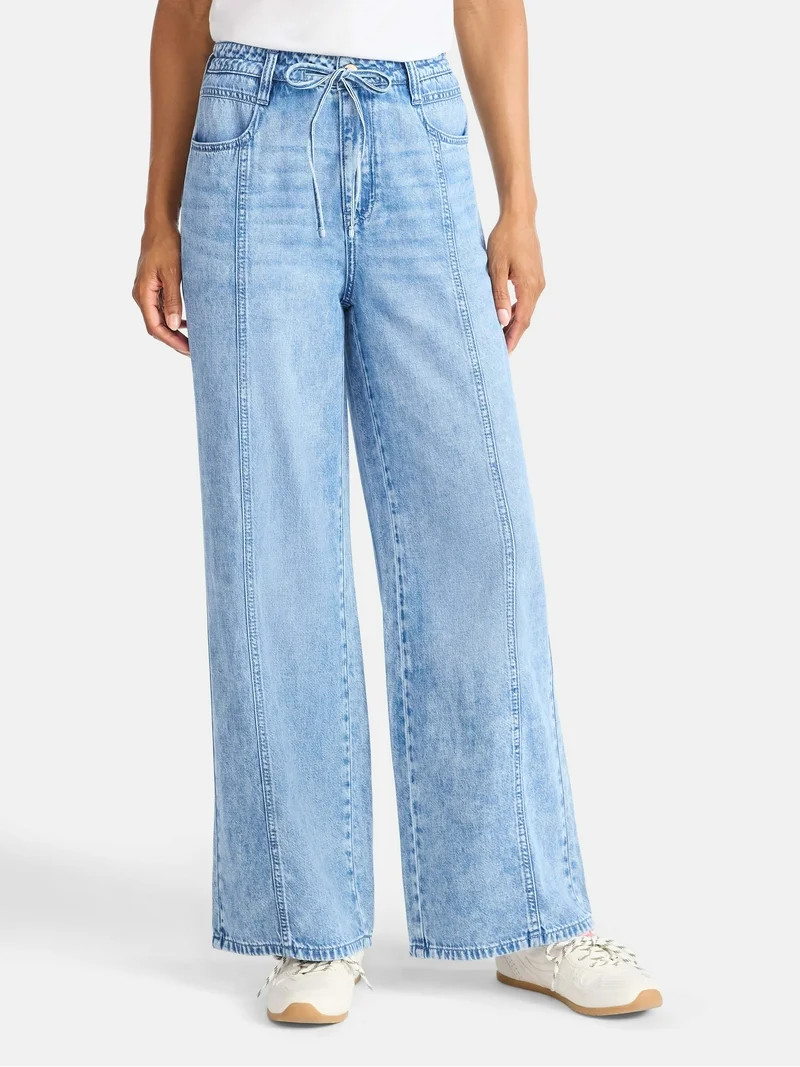 Time and Tru Women's and Women's Plus Relaxed Tie Waist Wide Leg Jeans, 31" Inseam, Sizes 0-20 | Walmart (US)