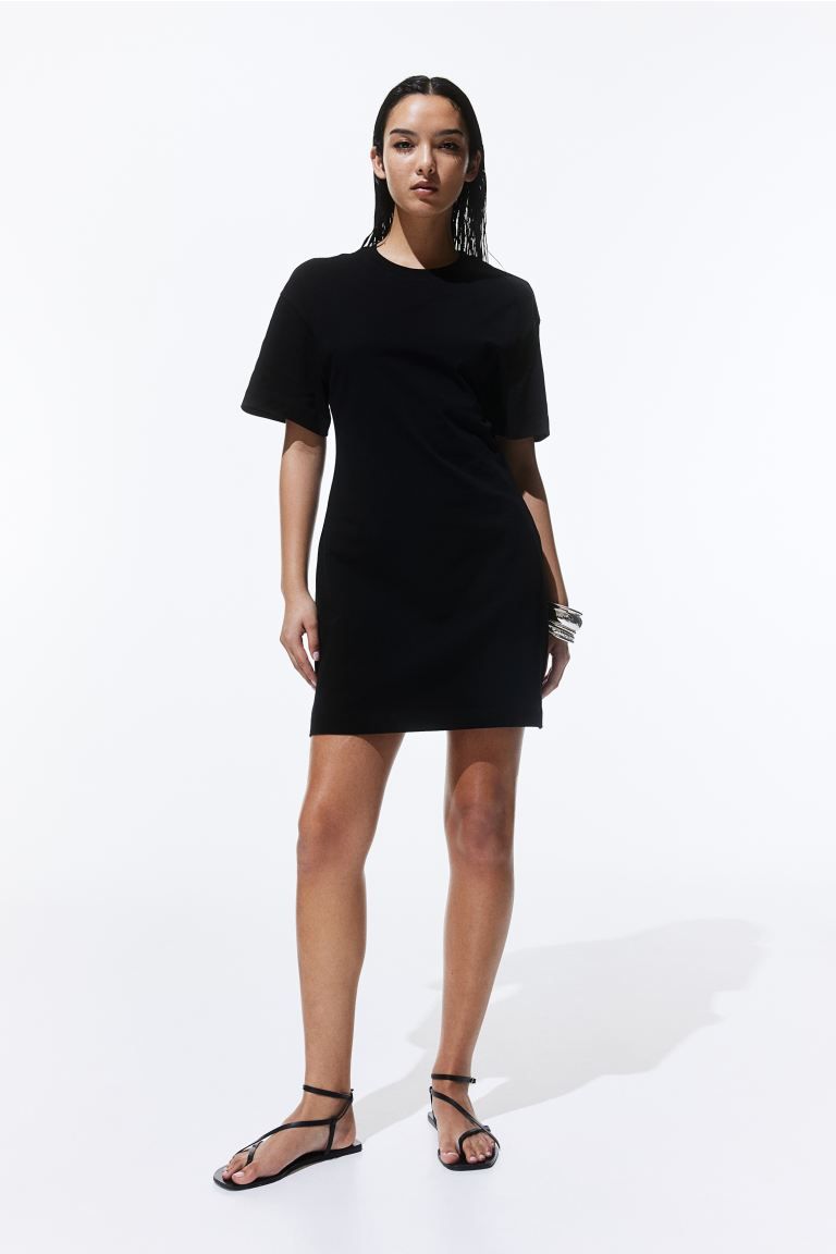 Defined-waist T-shirt Dress - Round Neck - Short sleeve - Black - Ladies | H&M US | H&M (US + CA)