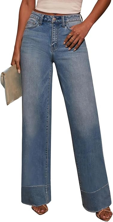 KUNMI Jeans for Women Wide Leg Baggy High Waist Boyfriends Straight Leg Stretchy Denim Pants Tren... | Amazon (US)