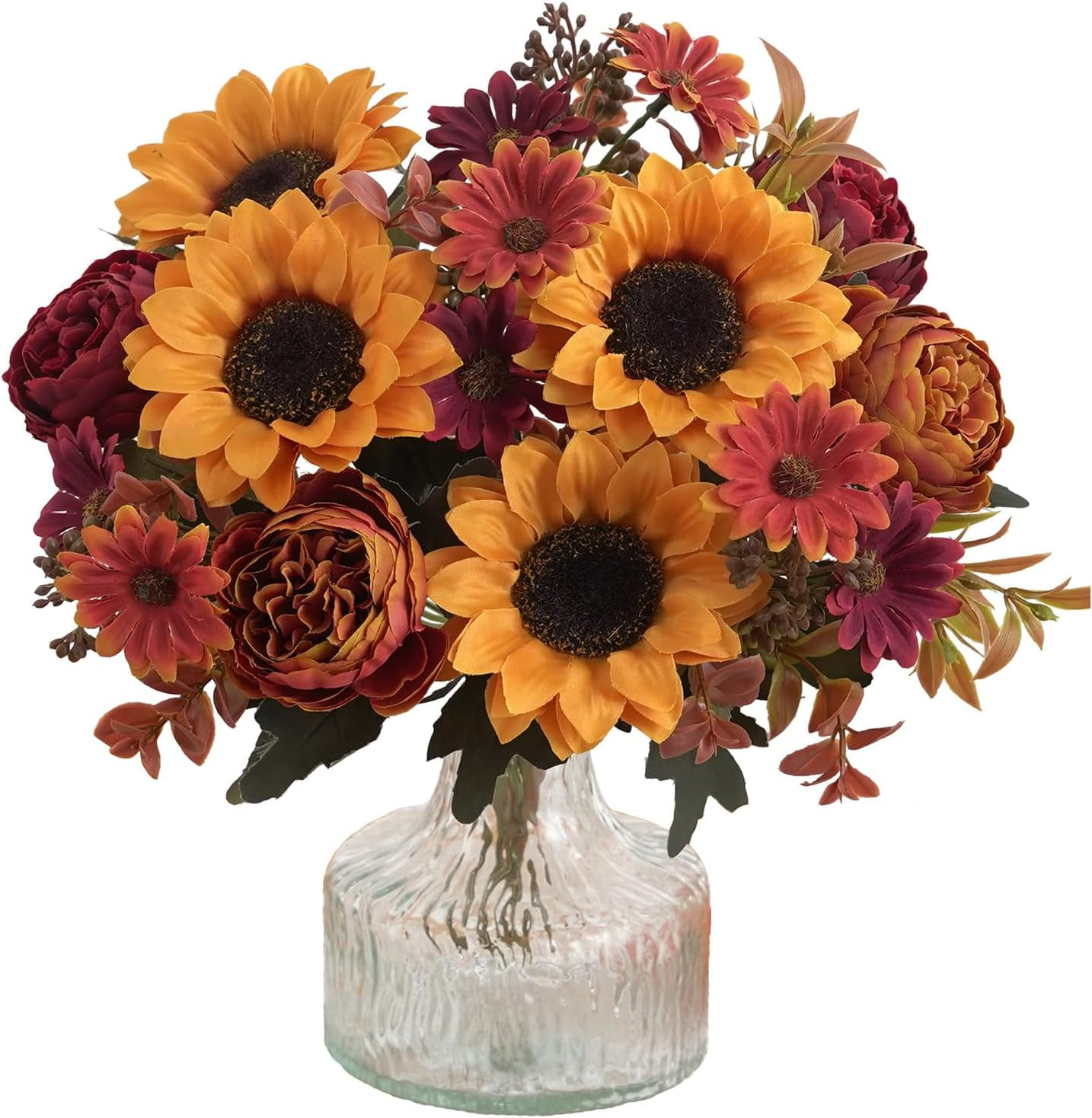 2 Pcs Fall Artificial Sunflower Peony Bouquet, Yellow Burgundy Silk Faux Flower, Autumn Faux Floral Arrangements for Wedding Table Centerpiece DIY Thanksgiving Farmhouse Indoor Outdoor Party Decor | Amazon (US)