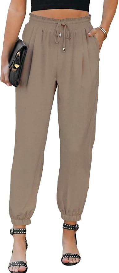 EVALESS Women's Casual Loose Drawstring Elastic High Waisted Linen Pants Comfy Trousers with Pock... | Amazon (US)