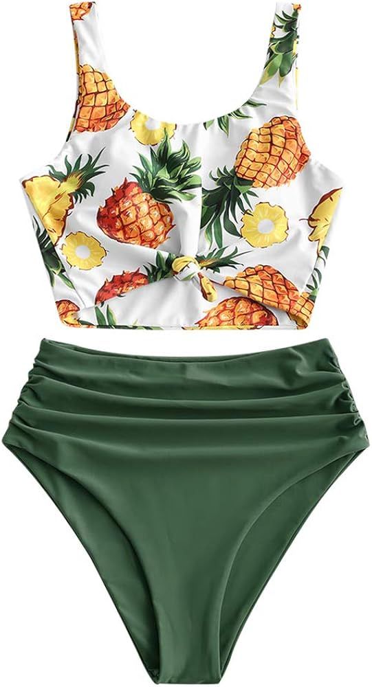 ZAFUL Women's High Waisted Bikini Scoop Neck Swimsuit Two Pieces Bathing Suit | Amazon (US)