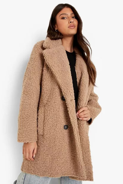 Double Breasted Bonded Faux Fur Teddy Coat | Boohoo.com (US & CA)