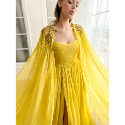 Cathy Yellow Tulle Prom Dresses Detachable Shawl A-line Sleeveless Side Split | eBay US