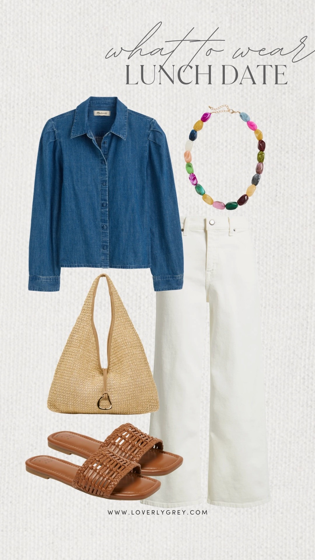Loverly Grey, what to wear for a lunch date! I am loving this denim top paired with white pants and a pair of sandals. To accessorize I’d add this colorful beaded Shopbop necklace and raffia tote. Loverly Grey, what to wear, lunch date

#LTKSeasonal #LTKgrwm #LTKootd
