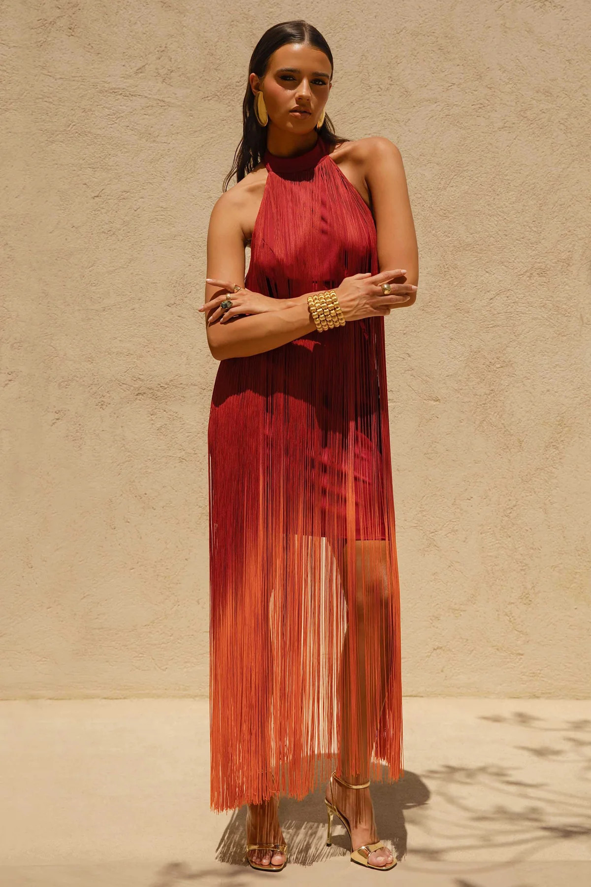 Alessia  Orange Ombre Fringe High-Neck Maxi Dress | Club L London