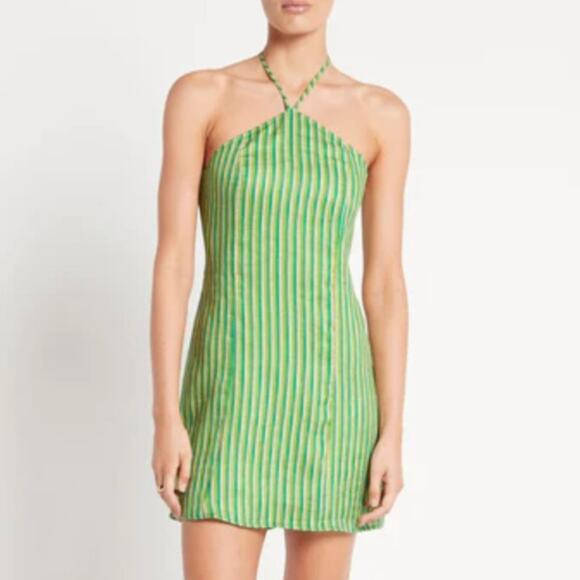 Faithfull The Brand Muthia Striped Linen Halterneck Mini Dress Green | Poshmark
