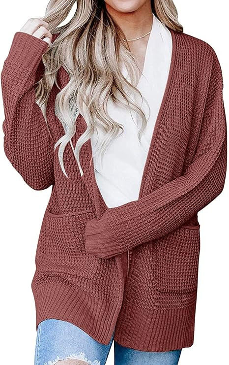 MEROKEETY Womens 2024 Long Sleeve Waffle Knit Cardigan Open Front Side Slit Sweater | Amazon (US)