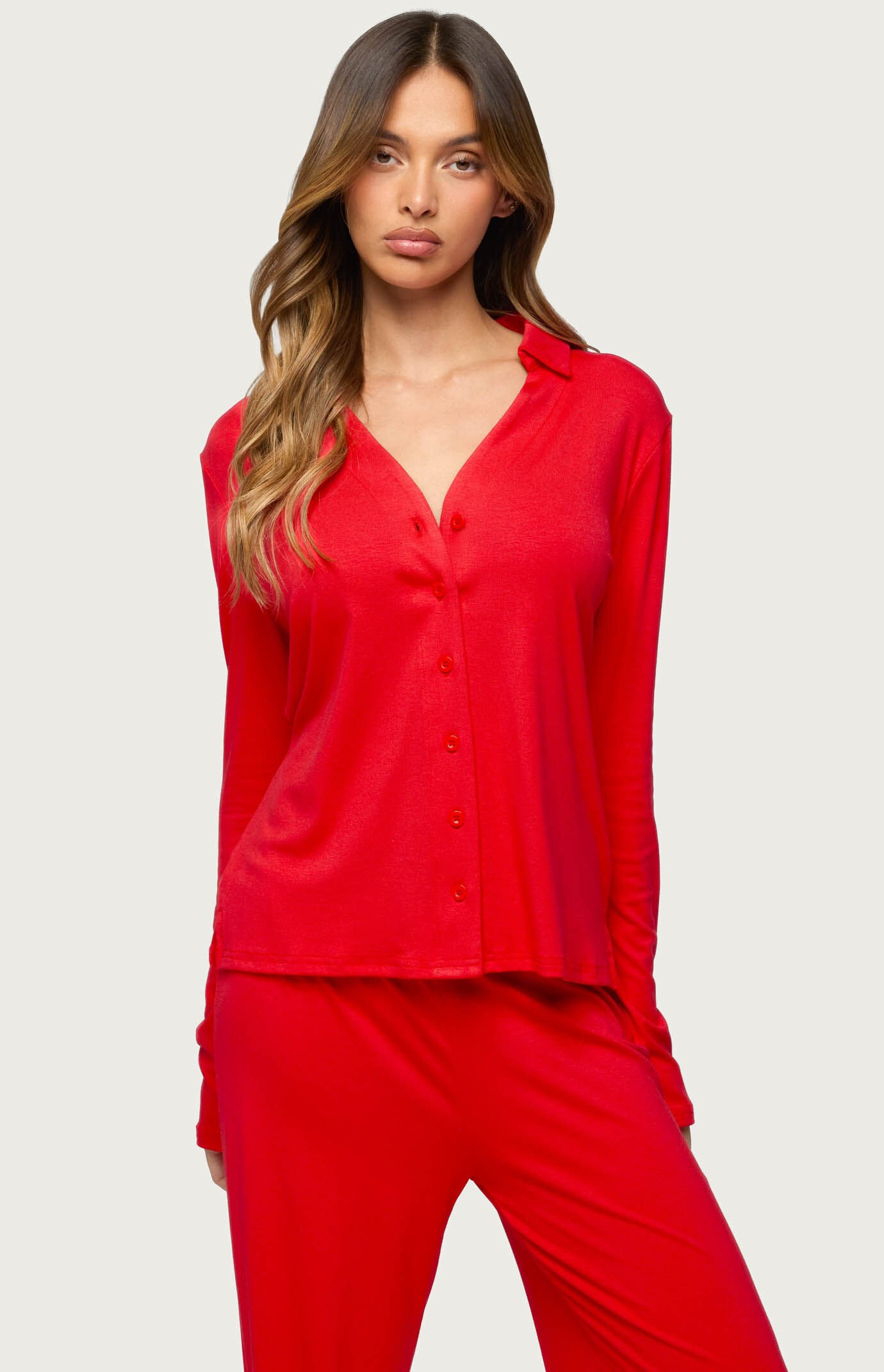 Edikted Women's Justina Button Up Top in Red - Size Large | PacSun