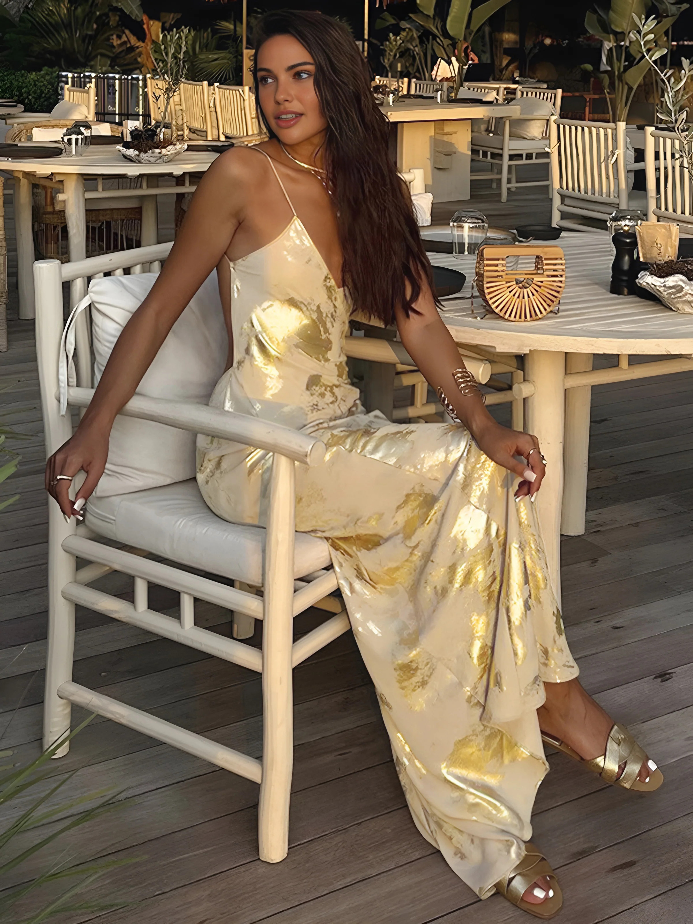 Metallic Print V-Neck Backless Slip Long Dress | Commense