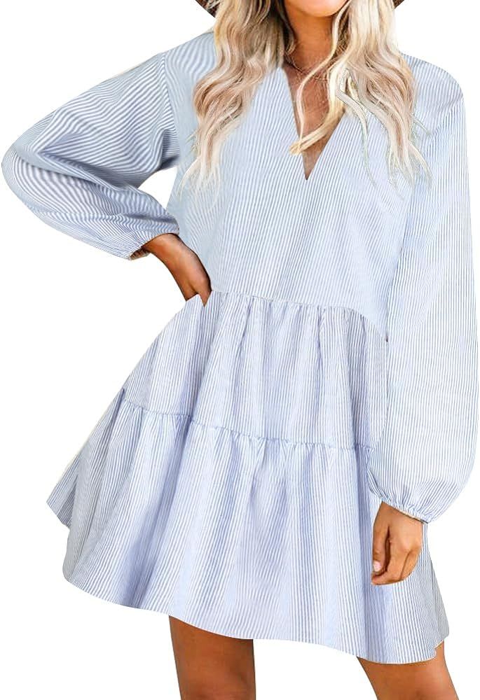 FANCYINN Cute Shift Tunic Dress for Women Ruffle Swing Babydoll Mini Long Sleevee Dress with Pock... | Amazon (US)