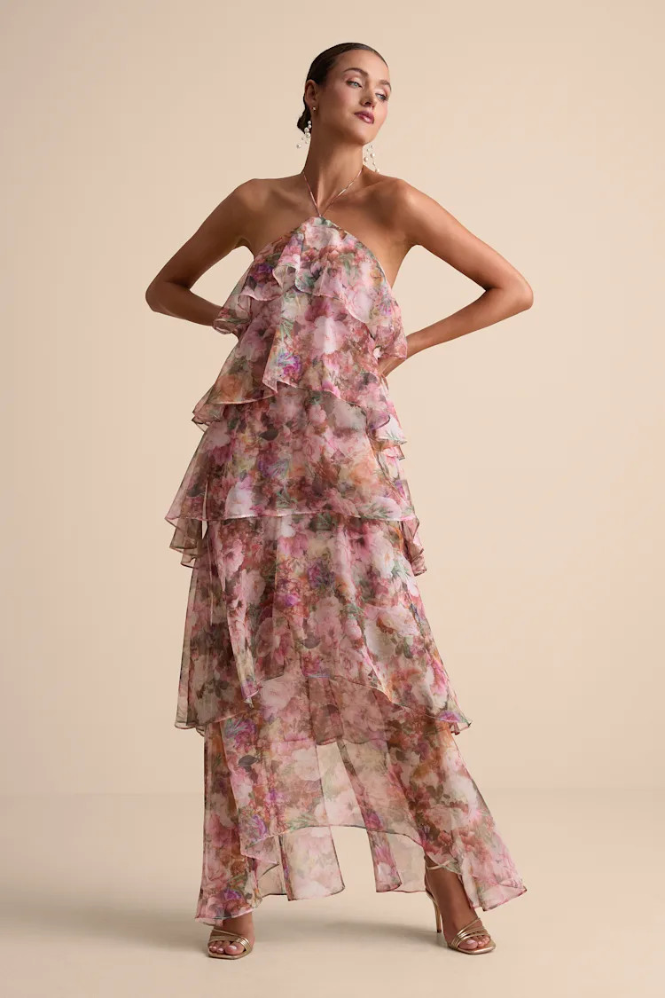 Melody Pink Floral Tiered Halter Maxi Dress | Lulus
