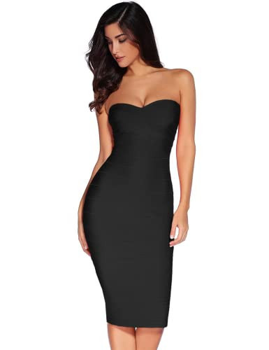 Women's Midi Cocktail Dresses Strapless Bandage Bodycon Dress Wedding Party Dress(Black,S) | Amazon (US)