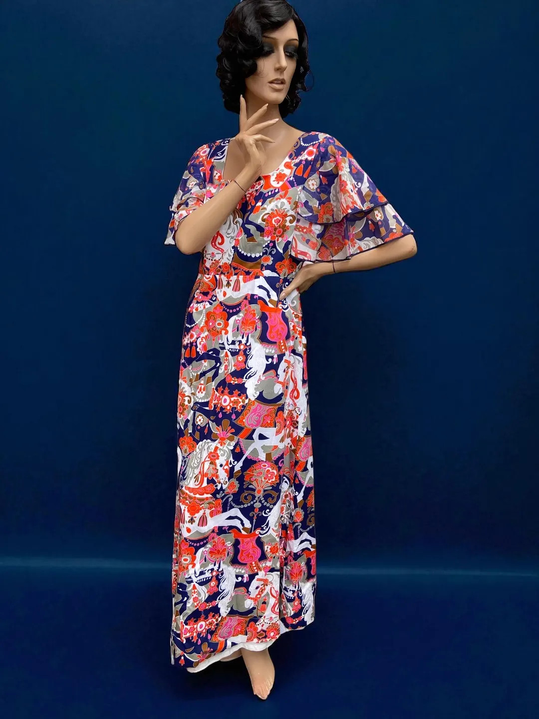 vintage 70s carousel horse floral print vintage maxi dress 14 16 | Etsy (US)