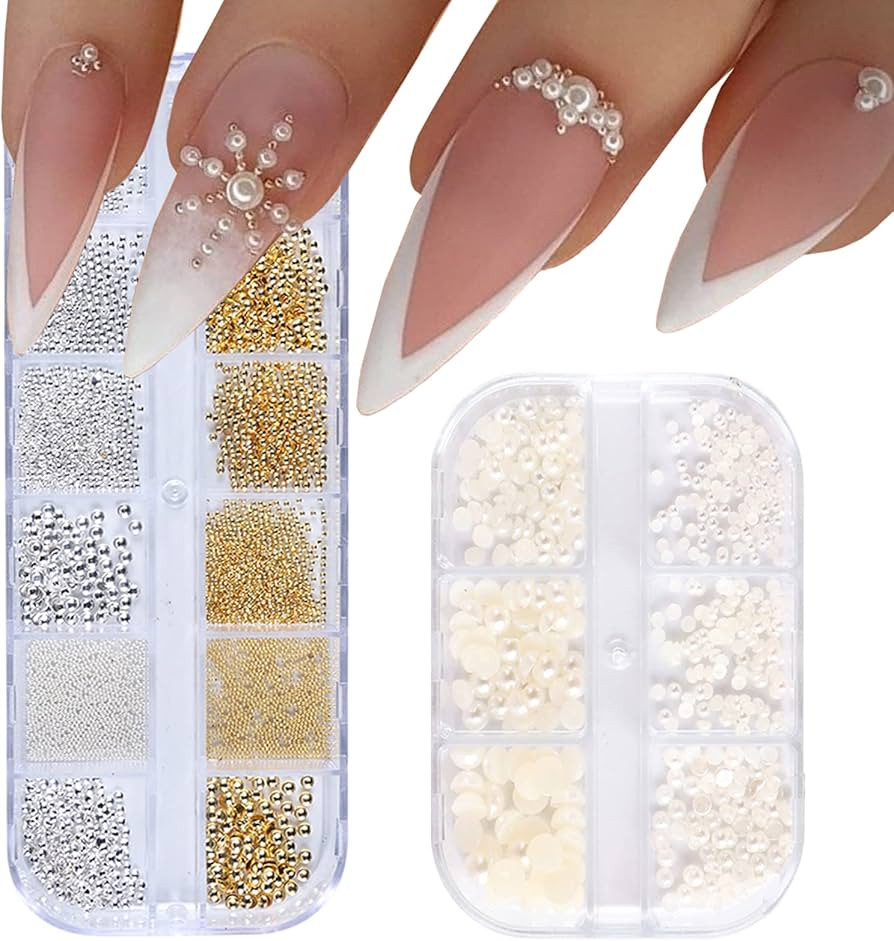 YOSOMK Nail Art Pearls Flatback Pearls Nail Charms Gold Silver White Half Round Nail Art Supplies... | Amazon (US)