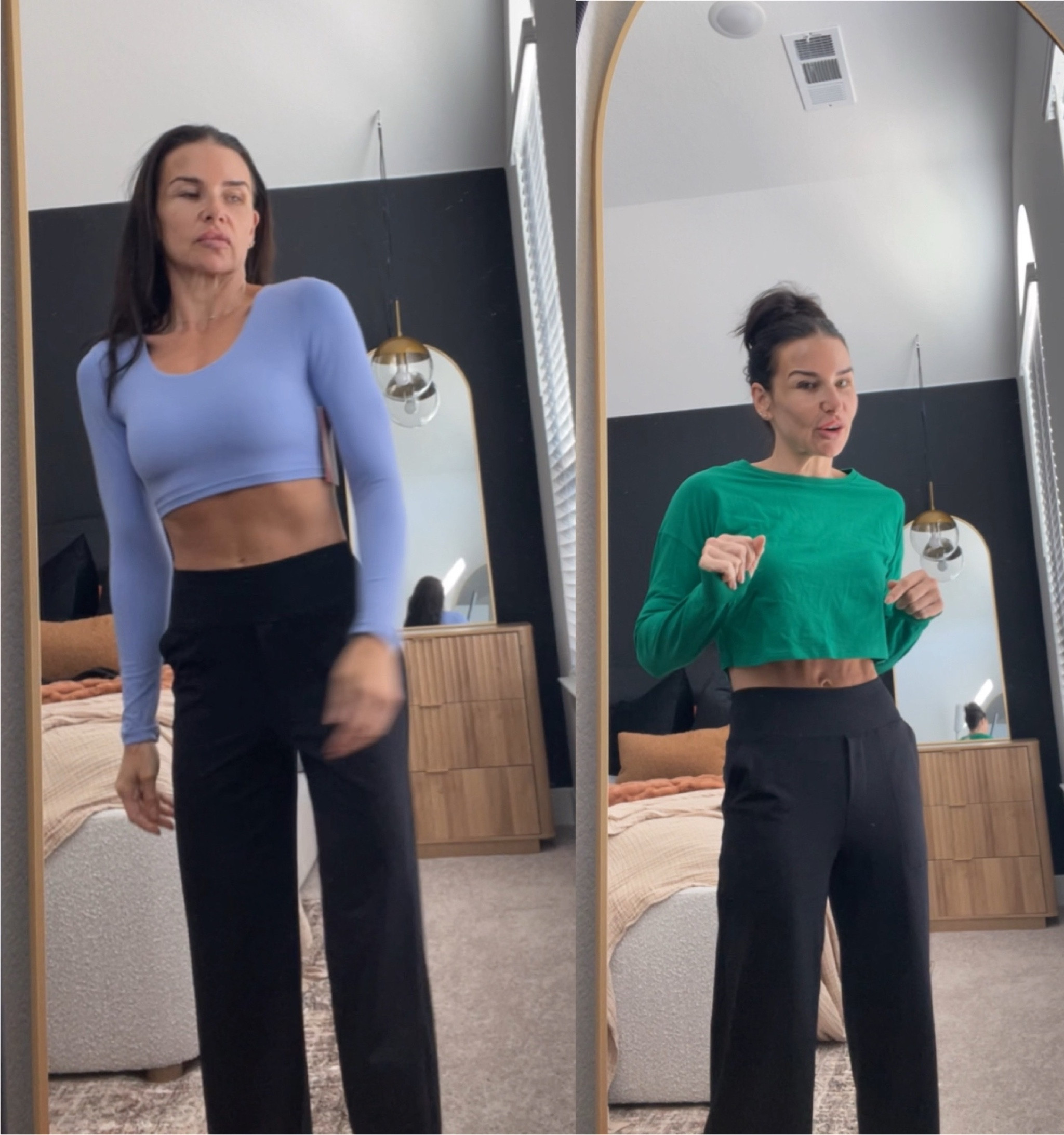 SOOOOOO GOOD!
Great quality material, super comfy, the pants are 😍🔥👏🏻 and COMFY.

5’8 130lbs 34B
Wearing an extra small 31 inch inseam in the pants, a medium in the green top and a small in the purple top 