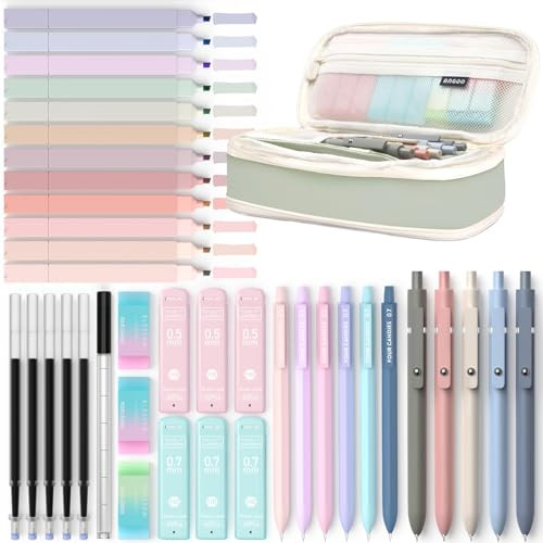 Four Candies 39 PCS Aesthetic School Supplies with Cute Pen Case, 12 Pastel Highlighters, 5 Black Ink Gel Pens, 6 Mechanical Pencils Set 0.5 & 0.7 mm for Students Stationary College Essentials (Green) | Amazon (US)