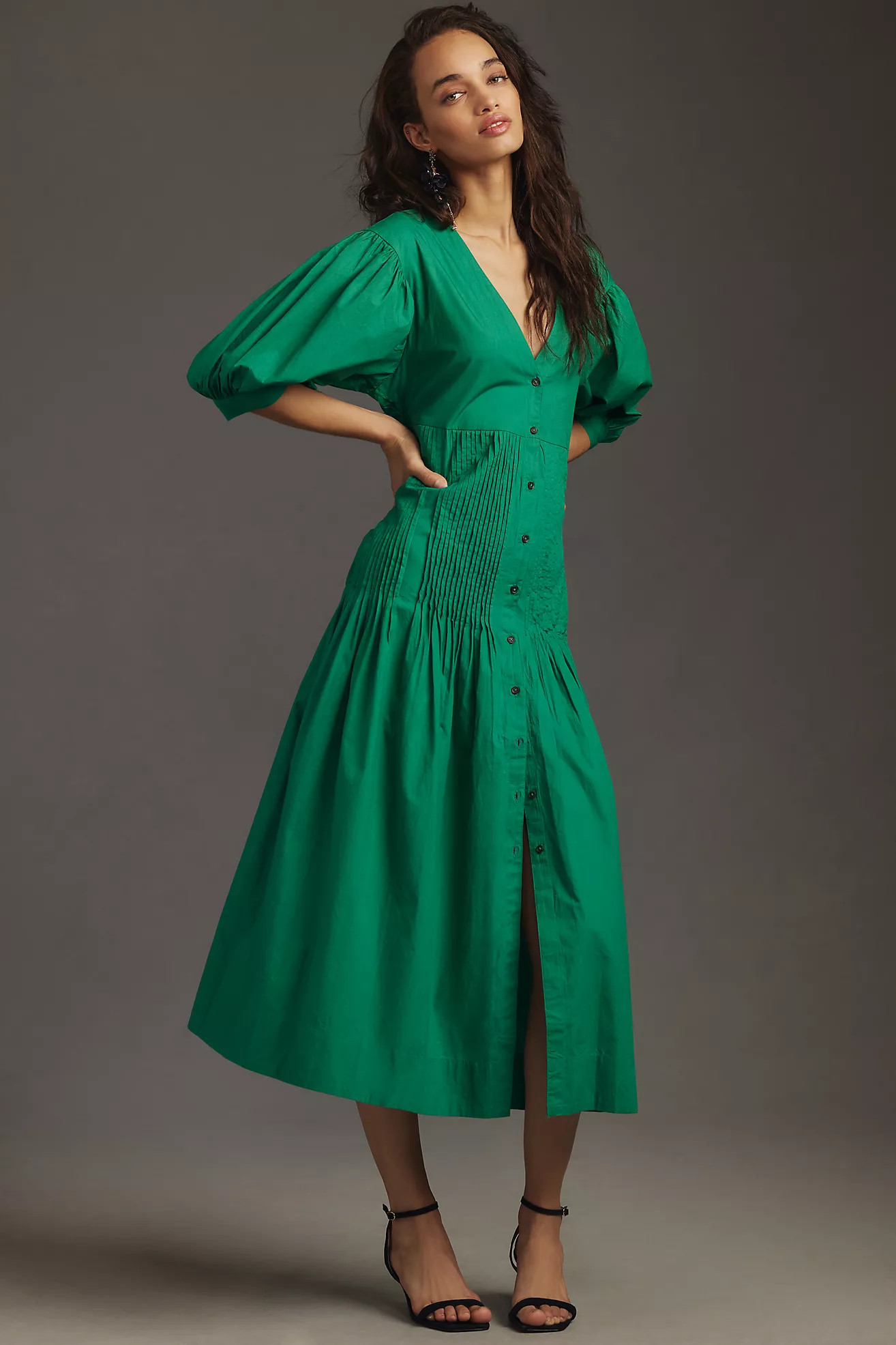 Maeve Pintuck Tie-Sleeve Midi Dress | Anthropologie (US)