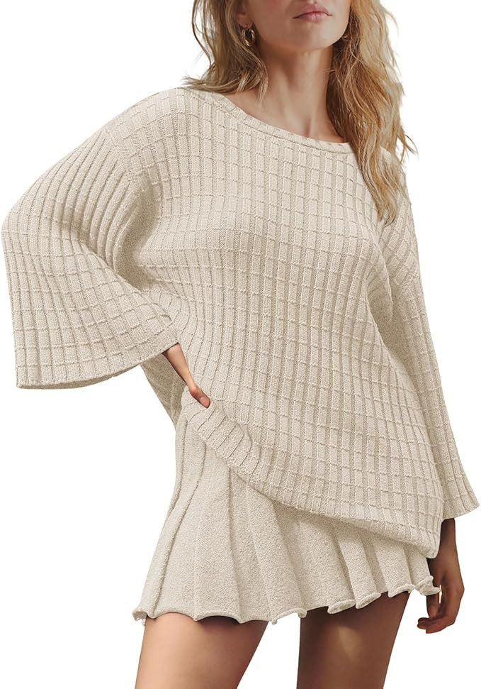 LAMISSCHE Womens Lounge Set Oversized 2 Piece Sweater Skirt Sets Long Sleeve Knit Top Pleated Ski... | Amazon (US)