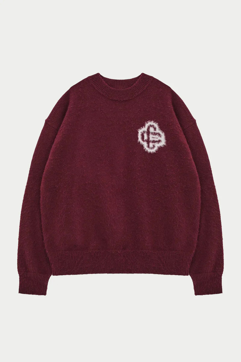 FLUFFY EMBLEM KNITTED CREW - BURGUNDY | The Couture Club