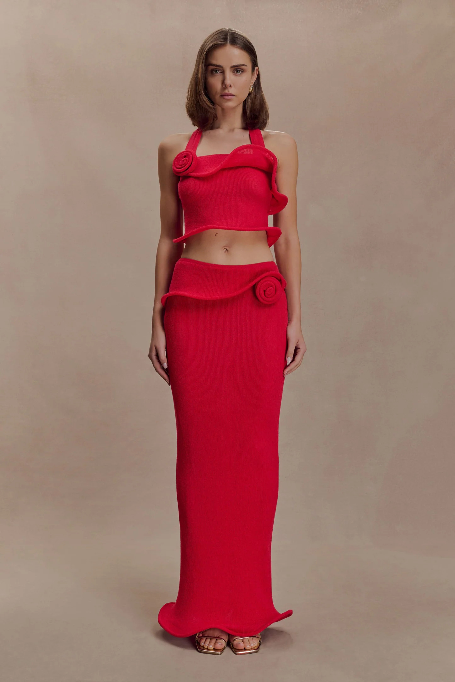 Samira Knit Wired Maxi Skirt - Red | MESHKI US