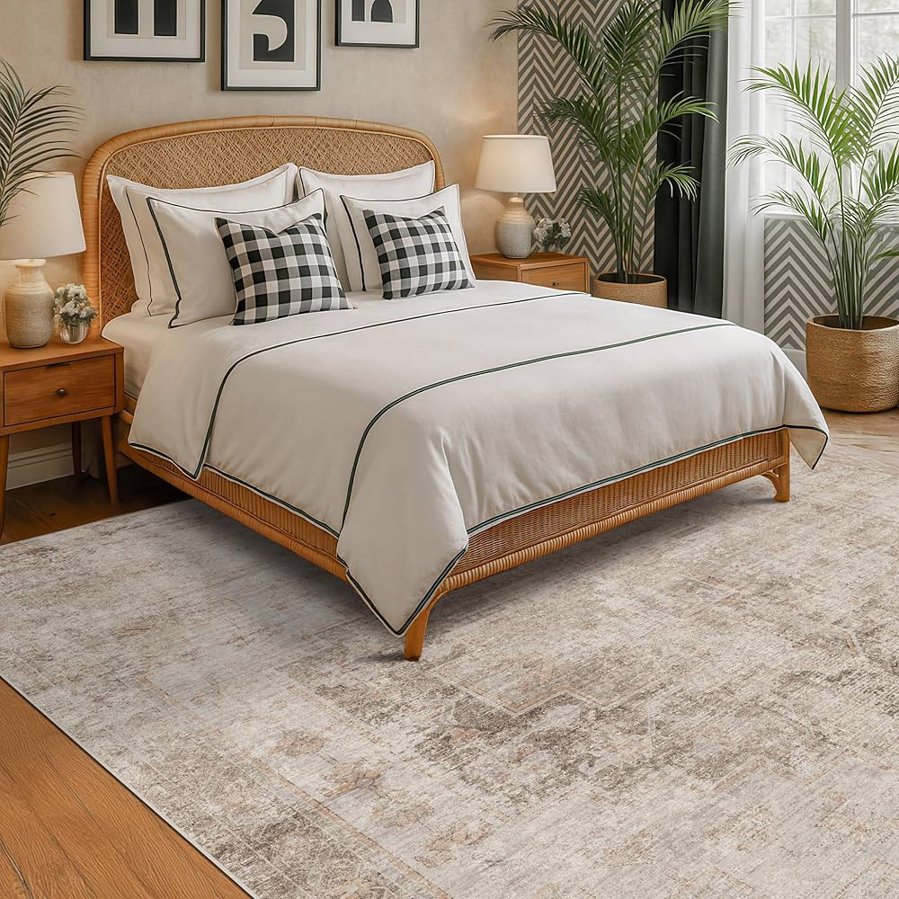 Neutral Farmhouse Area Rug for Bedroom - 6x8 Washable Rug for Dining Room Table, Ultra-Thin Soft ... | Amazon (US)