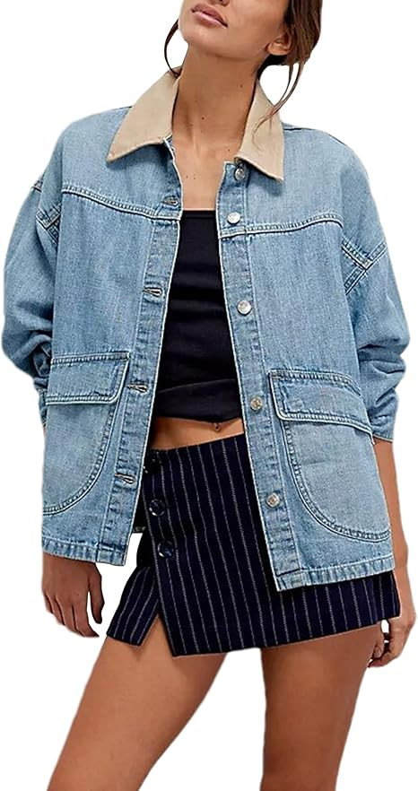 Lumister Women's Oversized Denim Jacket with Contrast Trim Long Sleeve Button Down Jean Coat with... | Amazon (US)