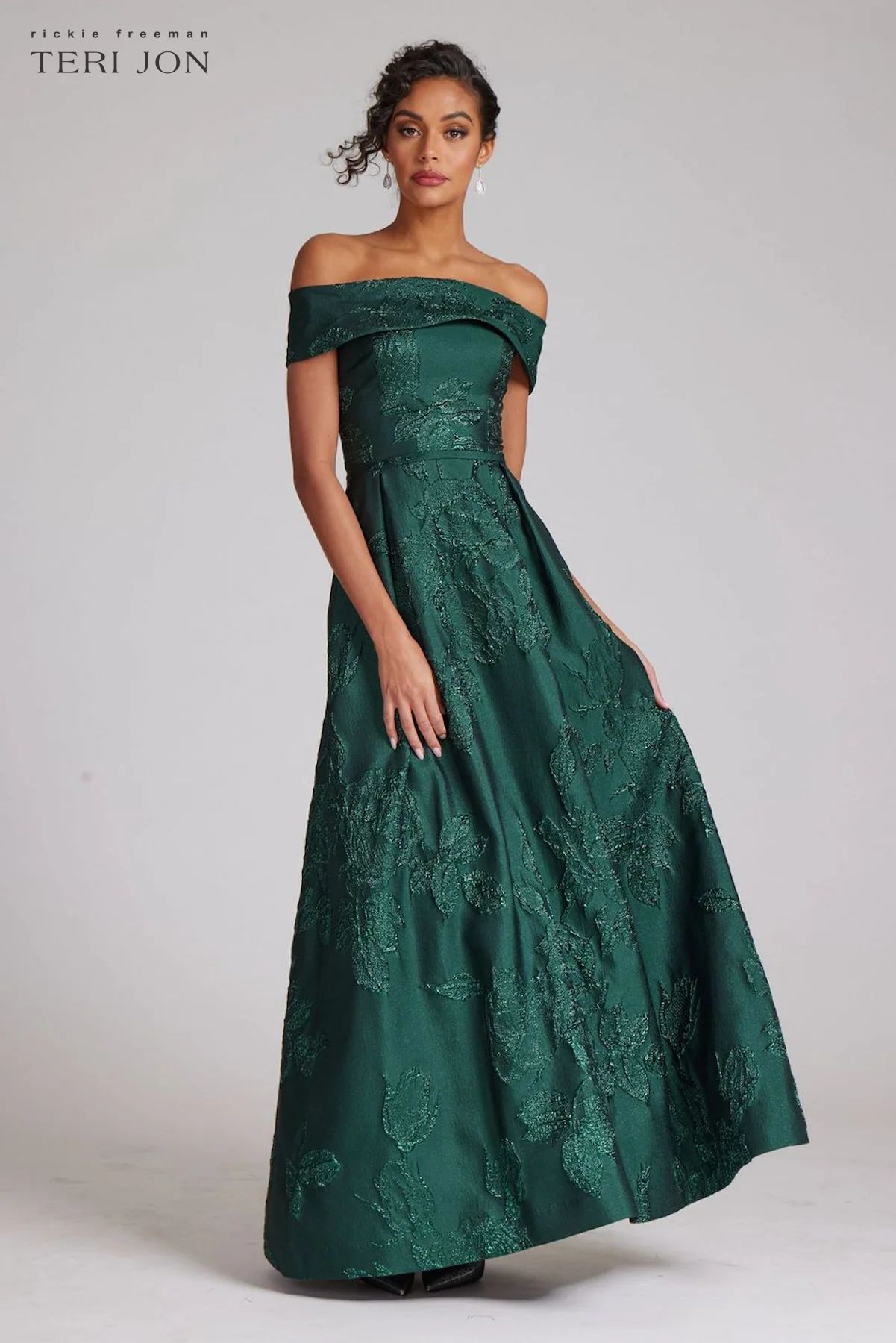 Off Shoulder A Line with Side Pleat Metallic Gown | TERIJON