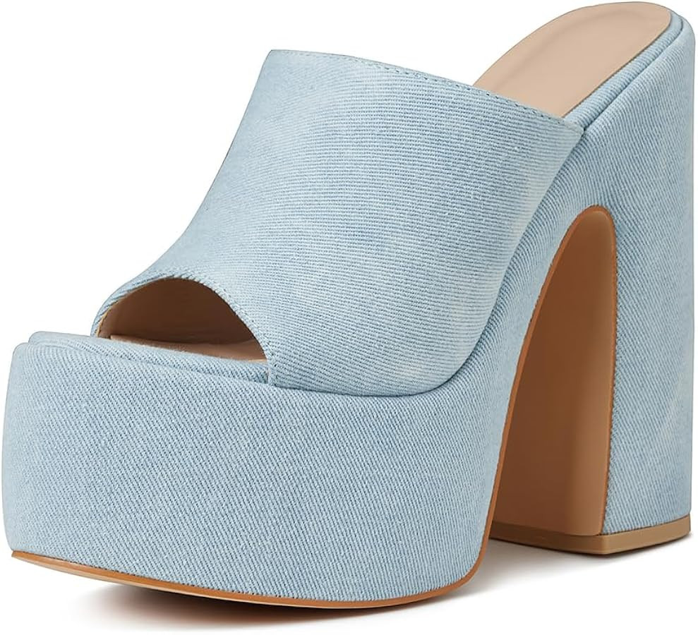 Erocalli Denim Chunky Heel for Women Platform Denim Sandal High Heel Blue Sandals Espadrille Open... | Amazon (US)