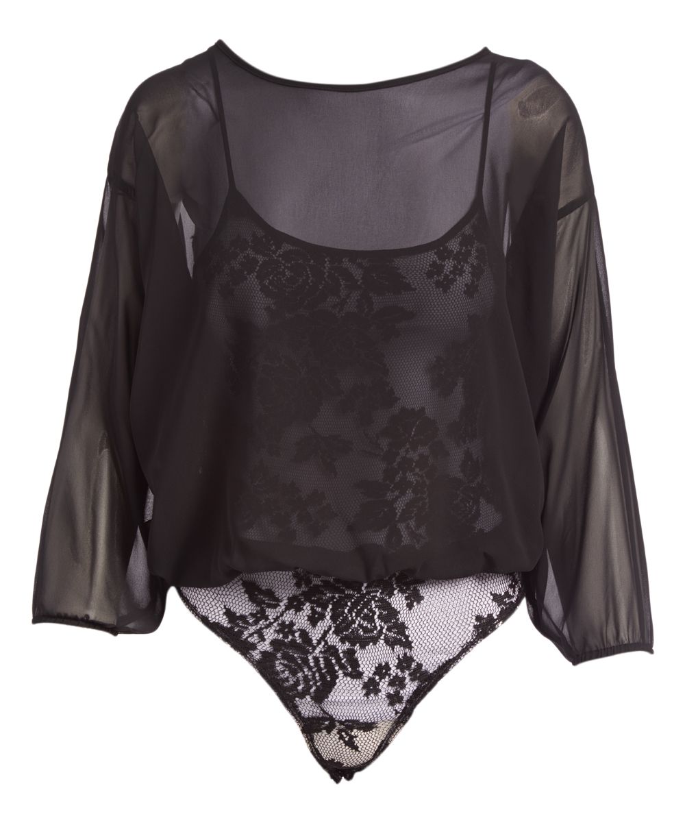 Milk & Honey Women's Bodysuits BLACK - Black Chiffon Dolman-Sleeve Top & Sheer Bodysuit - Women | Zulily
