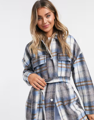 Stradivarius belted overshirt shacket in blue plaid | ASOS (Global)