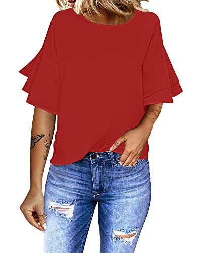 Luvamia Women's Casual 3/4 Tiered Bell Sleeve Crewneck Loose Tops Blouses Shirt in True Red, Size Medium (8/10) | Amazon (US)