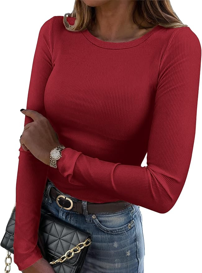 Zeagoo Womens Long Sleeve Stretch Crewneck Ribbed T-Shirt Slim Fit Casual Basic Tops S-XXL | Amazon (US)