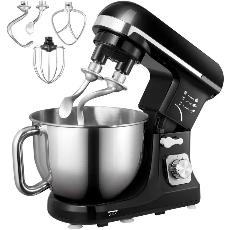 Stand Mixer with Double Hook, 6 Speeds, 5.5Qt Stainless Steel Bowl, Beater and Whisk Black | Walmart (US)