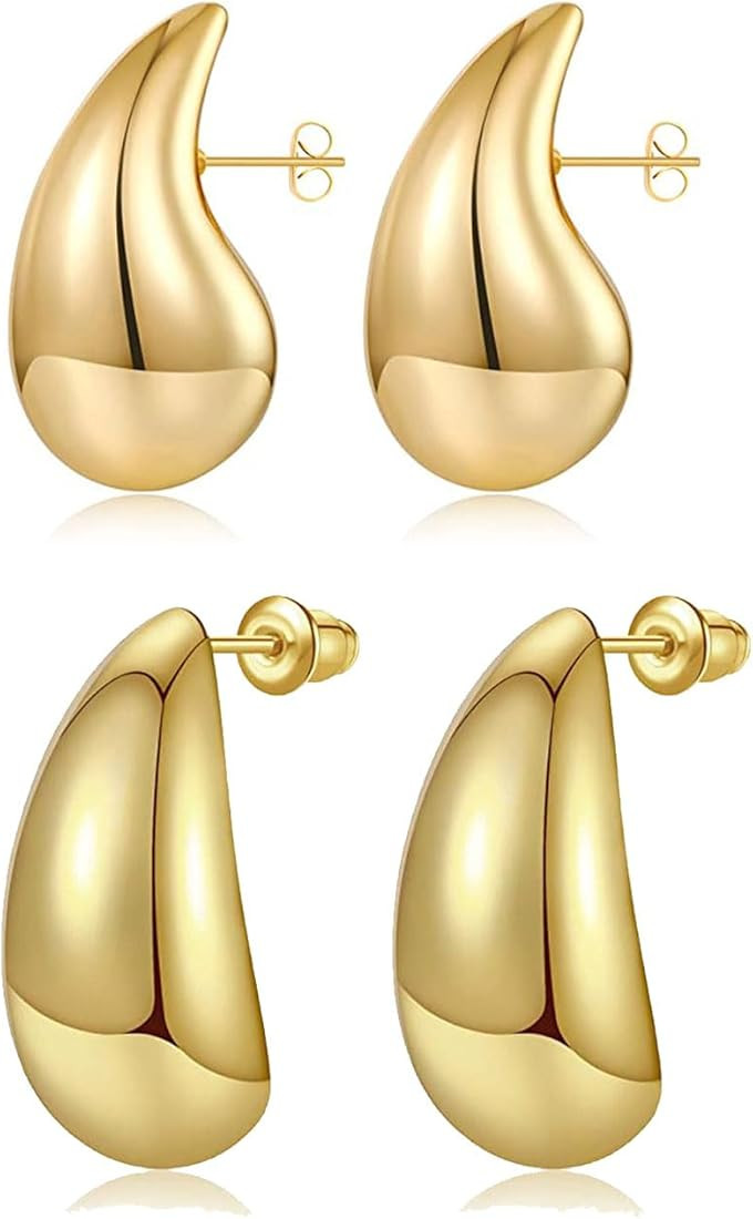 ZRU Drop Earring Dupes Large Big Chunky Gold Hoop Earrings Set for Women, 2 Pairs Thick Hollow Op... | Amazon (US)